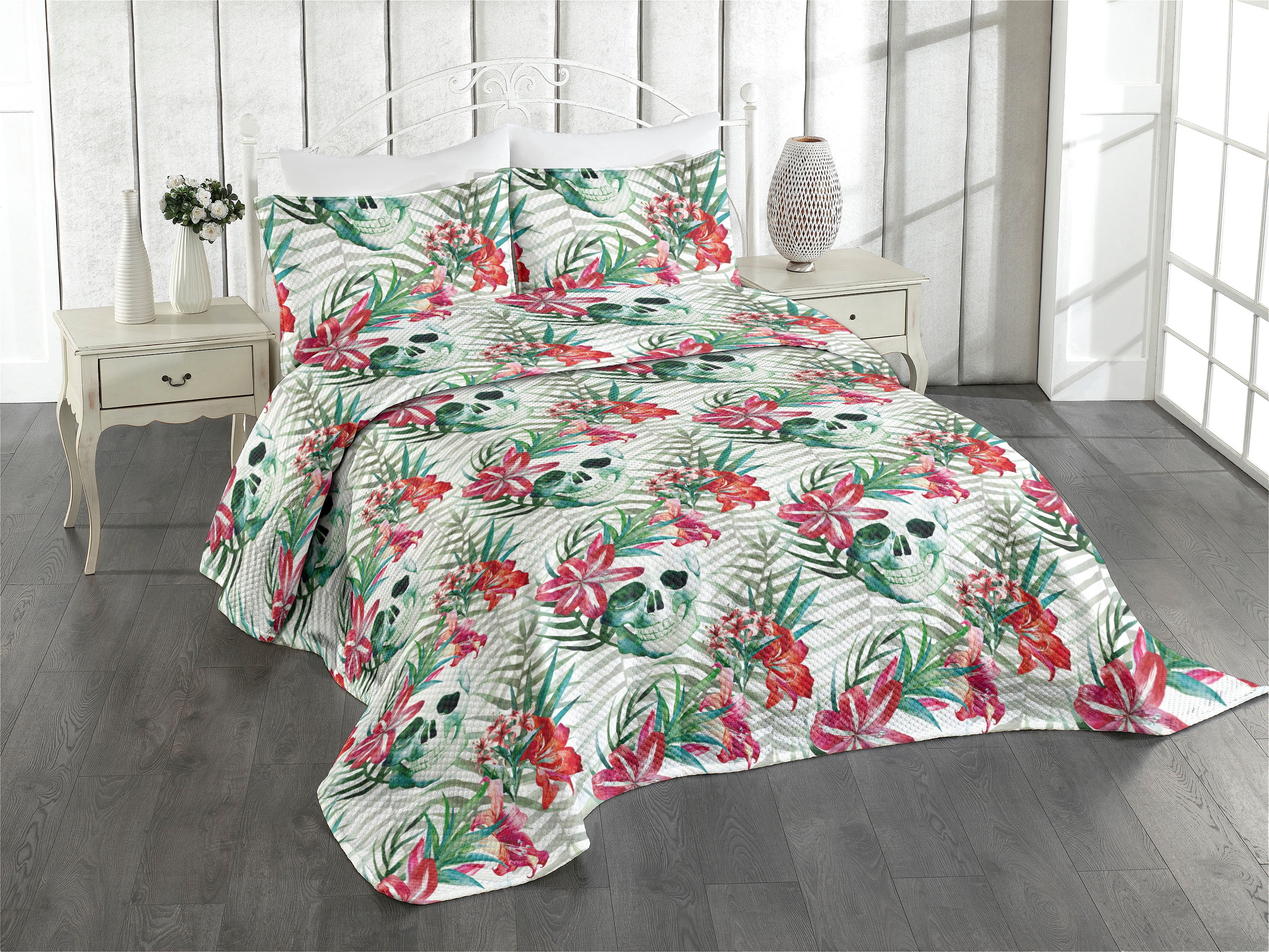 Ambesonne Floral Design Quilted Coverlet 3 Pcs, Watercolor Skull Art ...
