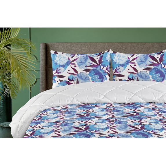 Ambesonne Floral Down Alternative Quilt Comforter, Blueish-Tone Flowers Leaves, Twin XL, Deep Sky Blue Violet