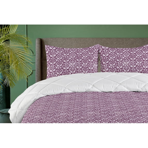 Ambesonne Floral Down Alternative Quilt Comforter, Damask Grunge Blossom Purple, Twin, Plum Mauve Taupe