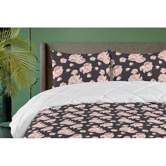 Ambesonne Floral Down Alternative Quilt Comforter, Flower Buds Roses Art Spring, Twin XL, Dark Purple Mauve and Blush