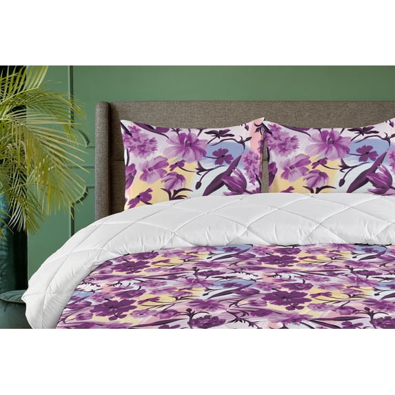 Ambesonne Floral Down Alternative Quilt Comforter, Flowers Boho Vibes Pattern, Twin, Purple Pale Lilac Mustard