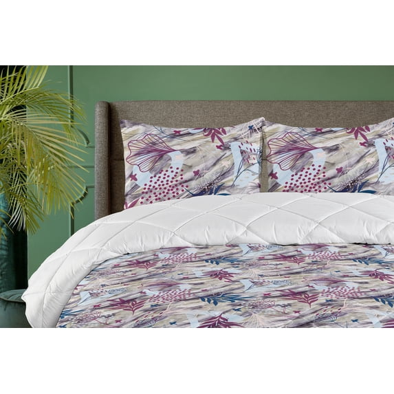 Ambesonne Floral Down Alternative Quilt Comforter, Grunge Leafy Pattern Meadow, Queen, Soft Blue Indigo and Plum