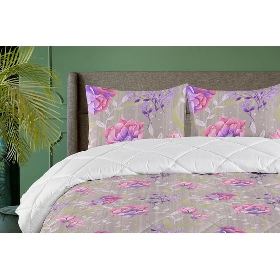 Ambesonne Floral Down Alternative Quilt Comforter, Repeating Art Roses Branches, Full, Lilac Rose and Off White