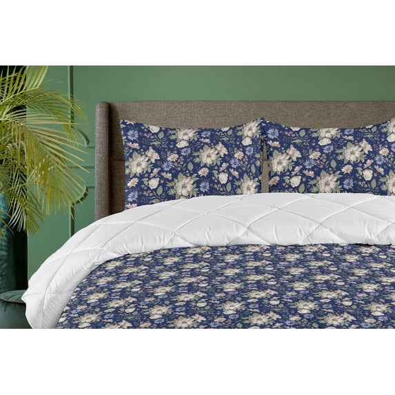 Ambesonne Floral Down Alternative Quilt Comforter, Romantic Illustrated Flower, Full, Indigo Ceil Blue Eggshell