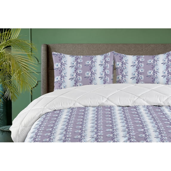 Ambesonne Floral Down Alternative Quilt Comforter, Vintage Flowers Romance Art, Full, Pale Eggplant Soft Blue