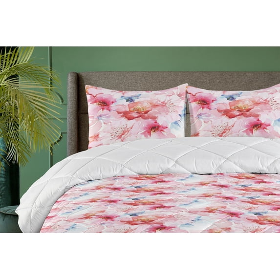 Ambesonne Floral Down Alternative Quilt Comforter, Vintage Romance Art Flowers, Full, Soft Blue and Pale Pink