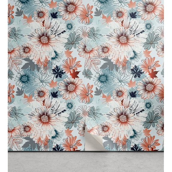 Ambesonne Floral Dream Peel & Stick Wallpaper for Home, Retro Anime Sunflowers, 13"x72", Blue Grey Salmon Redwood