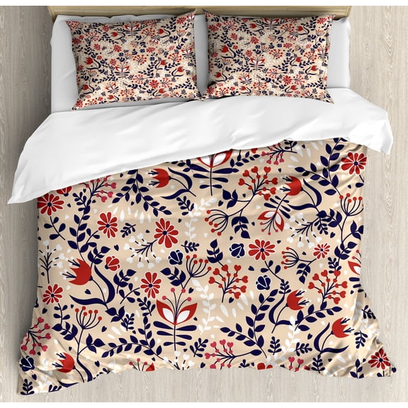 Ambesonne Floral Duvet Cover Set, Abstract Blossoms Leaves, Queen, Beige Red White