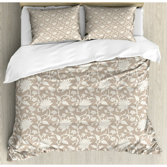 Ambesonne Floral Duvet Cover Set, Abstract Pattern Leaves, King, Tan Cream