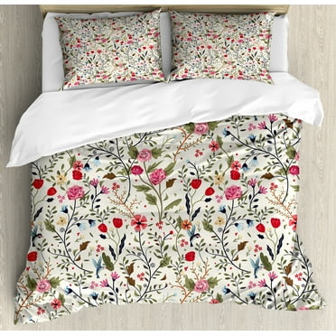 Ambesonne Floral Duvet Cover Set, Birds Roses Polka Dots, Calking, Multicolor