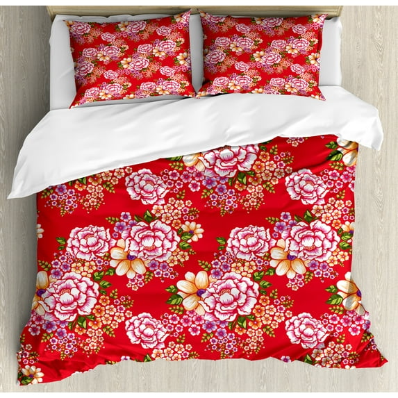 Ambesonne Floral Duvet Cover Set, Blooming Peony Bouquets Art, 2-Calking, Scarlet and Multicolor