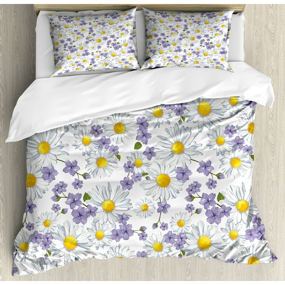 Ambesonne Floral Duvet Cover Set, Blossoming Wild Flowers, King, White Yellow Purple