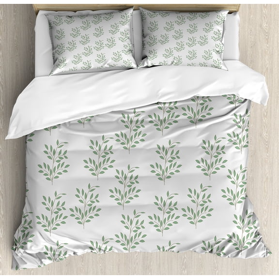 Ambesonne Floral Duvet Cover Set, Botanical Twig Branches Art, 2-Calking, Jade Green and Coconut