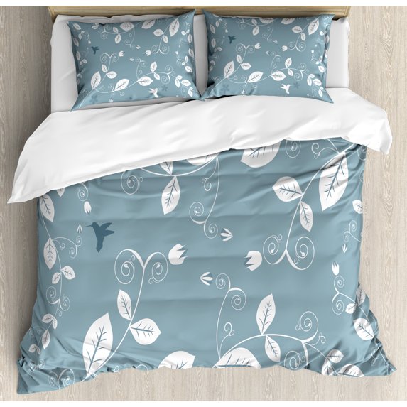 Ambesonne Floral Duvet Cover Set, Buds Blossoms Leaves Ivy, 2-Calking, Slate Blue White