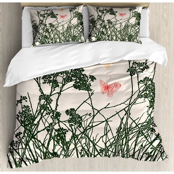 Ambesonne Floral Duvet Cover Set, Butterflies Herbs Drawing, King, Pale Eggshell Emerald