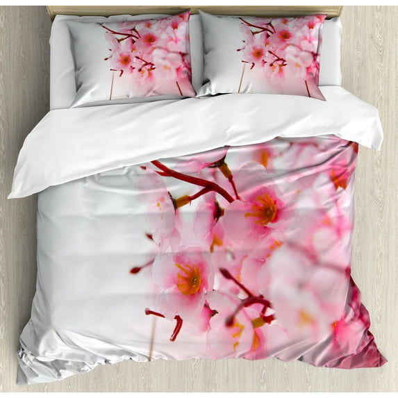 Ambesonne Floral Duvet Cover Set, Cherry Blossom Petals, 2-Calking, Pale Pink White