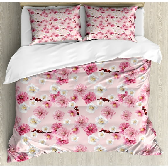 Ambesonne Floral Duvet Cover Set, Chinese Blossoms Pattern, Queen, Pale Pink Pastel Pink