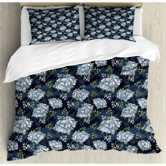 Ambesonne Floral Duvet Cover Set, Classic Peony Petal, King, Pistachio Green Blue