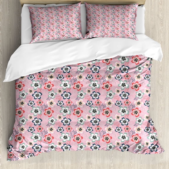 Ambesonne Floral Duvet Cover Set, Colorful Abstract Plants, 2-Calking, Pale Pink Multicolor