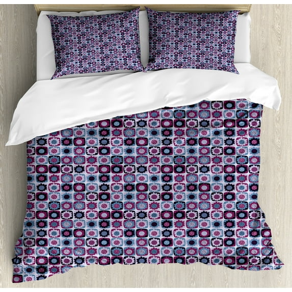 Ambesonne Floral Duvet Cover Set, Colorful Flower Art Designs, King, Dark Magenta Pale Blue
