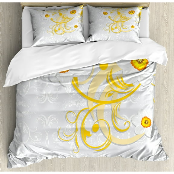Ambesonne Floral Duvet Cover Set, Daffodils Ornaments Art, 2-Calking, Grey Yellow