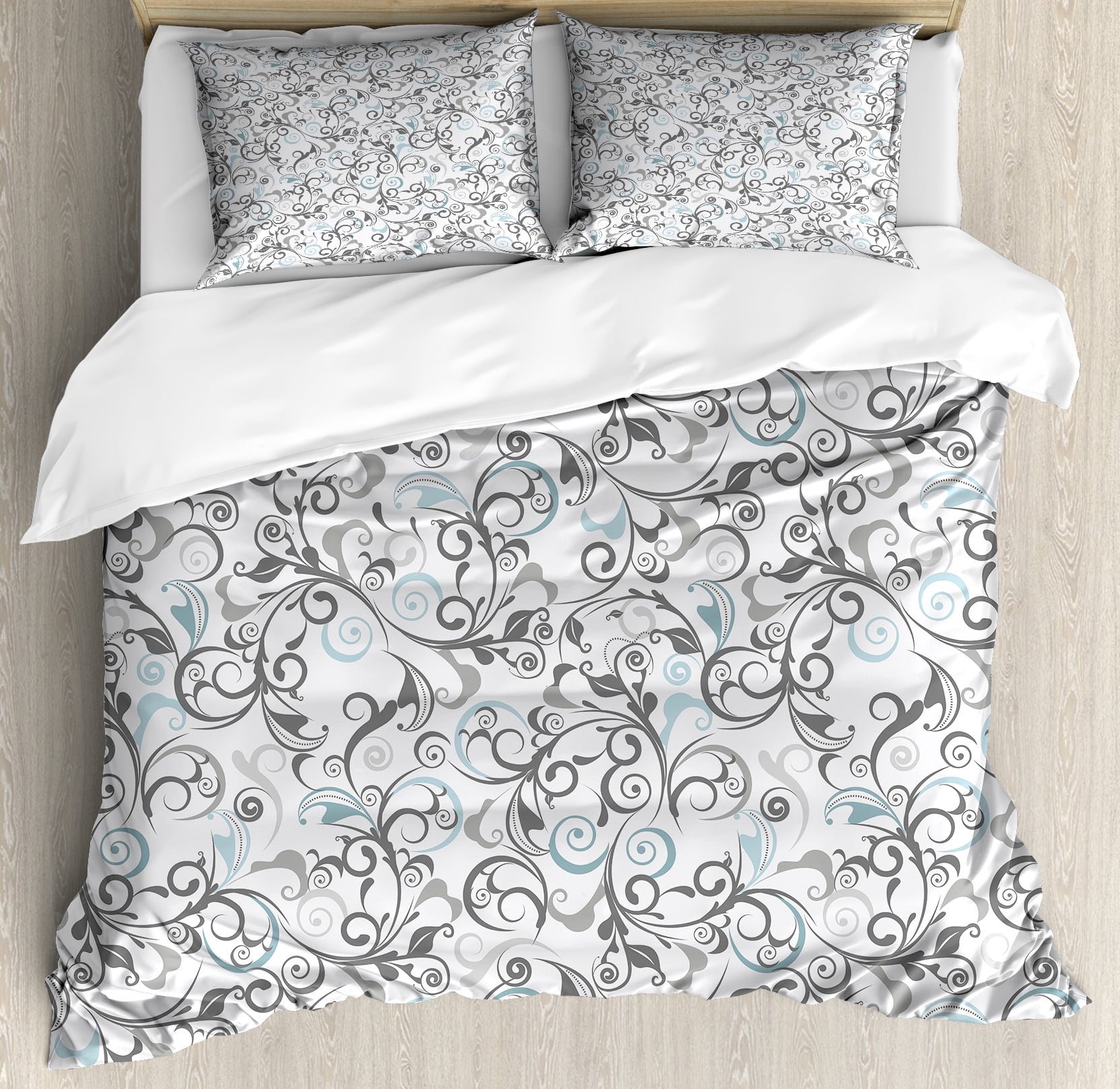 King Grey Pale Blue White Floral Duvet Cover Set