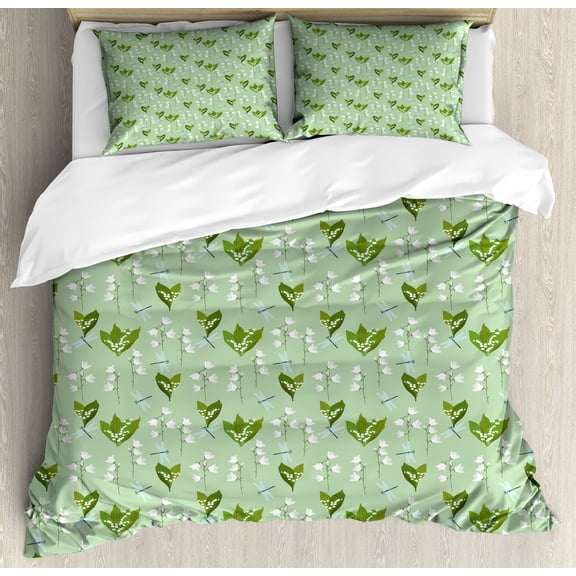 Ambesonne Floral Duvet Cover Set, Dragonflies and Campanulas, 2-Calking, Pale Green Pale Blue