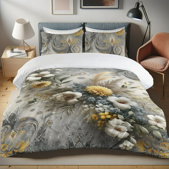 Ambesonne Floral Duvet Cover Set, Dreamy Jungle Leaves Floral, Calking, Grey Teal Mustard