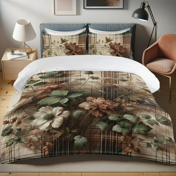 Ambesonne Floral Duvet Cover Set, Earth Tone Tartan Flowers, King, Laurel Green Cinnamon