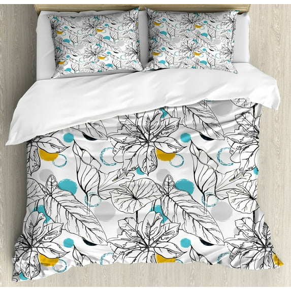 Ambesonne Floral Duvet Cover Set, Exotic Leaf Flower Drawings, 2-Calking, White Blue Orange
