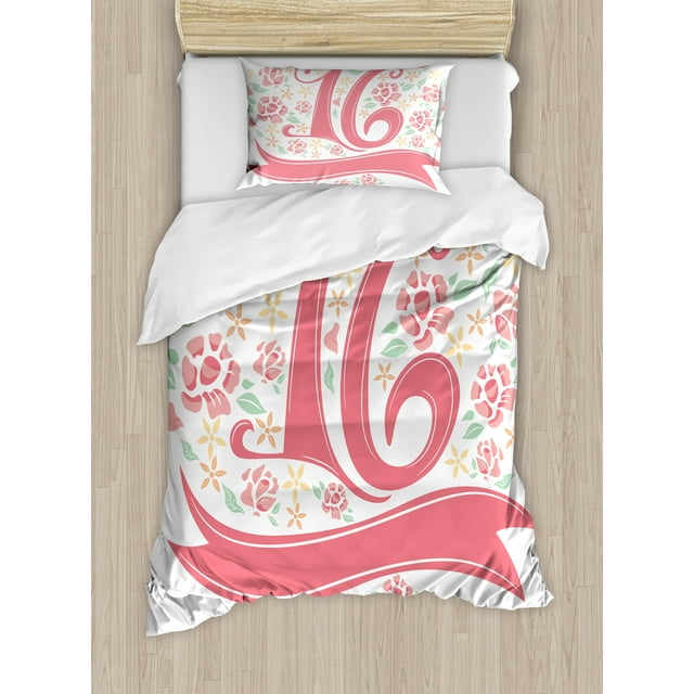 Ambesonne Floral Duvet Cover Set, Floral 16, Twin, Dark Coral Mint