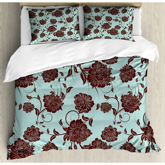 Ambesonne Floral Duvet Cover Set, Flower Ornaments Retro, 2-Calking, Pale Blue Brown
