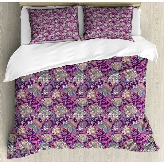 Ambesonne Floral Duvet Cover Set, Flowers and Mandala Art, Calking, Mauve Green