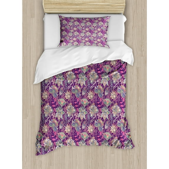 Ambesonne Floral Duvet Cover Set, Flowers and Mandala Art, Twin, Mauve Green
