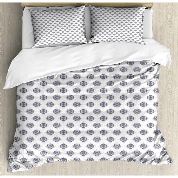 Ambesonne Floral Duvet Cover Set, Grey Squares Flowers, King, Grey Grey White