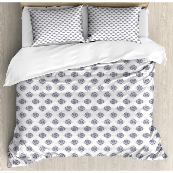 Ambesonne Floral Duvet Cover Set, Grey Squares Flowers, Queen, Grey Grey White