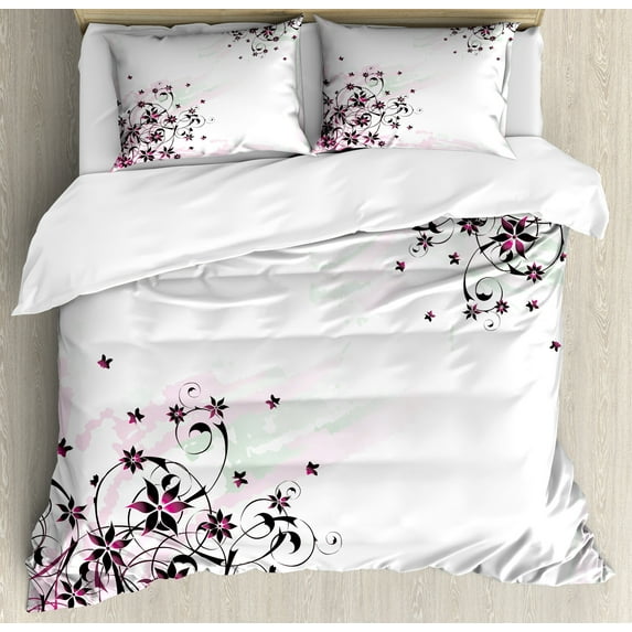 Ambesonne Floral Duvet Cover Set, Grunge Flower Motif Leaf, 2-Calking, Black Pale Pink Mint
