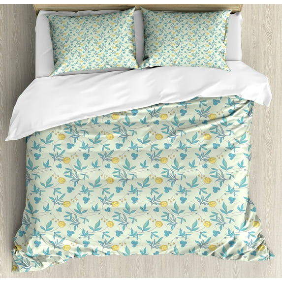 Ambesonne Floral Duvet Cover Set, Hand Drawn Inspired Flowers, King, Mint Green Blue and Mustard