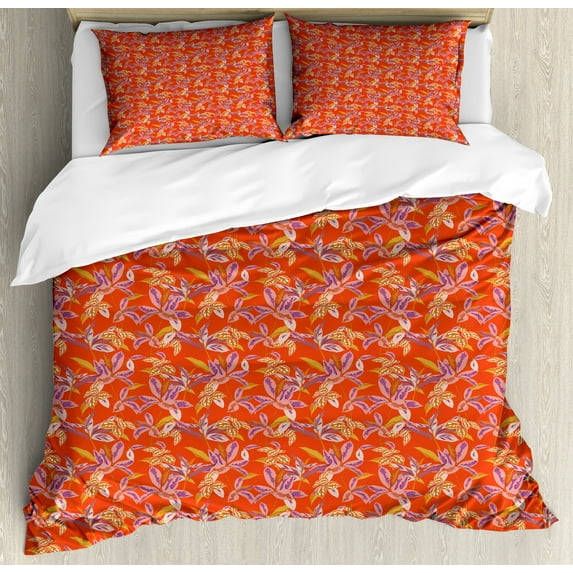 Ambesonne Floral Duvet Cover Set, Happy Warm Floral Pattern, 2-Calking, Vermilion Multicolor