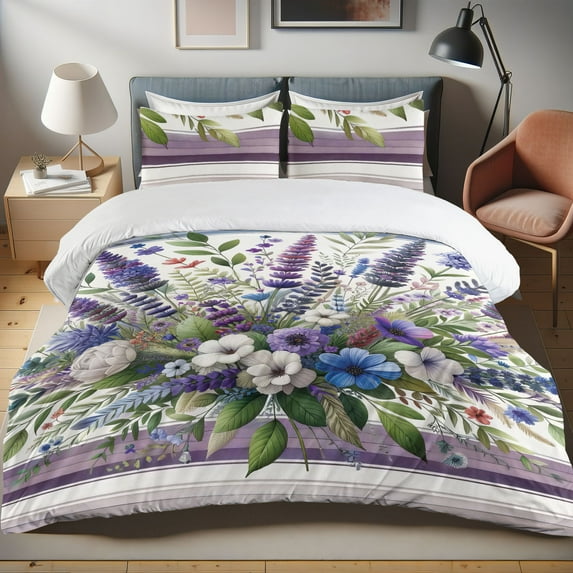 Ambesonne Floral Duvet Cover Set, Leafy Lavender Peony Flowers, Calking, Lilac Green Pale Mauve