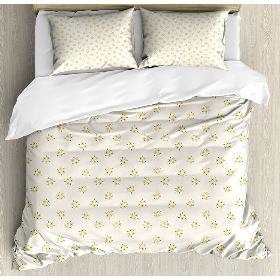 Ambesonne Floral Duvet Cover Set, Minimalist Arrangement, Calking, Ivory Mustard Blue Grey