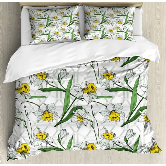 Ambesonne Floral Duvet Cover Set, Modern Narcissus Blossoms, Calking, Yellow Green and Pearl