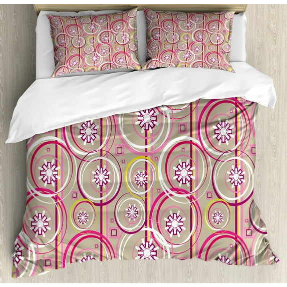 Ambesonne Floral Duvet Cover Set, Modern Retro Mix Sketch, Calking, Tan Purple Hot Pink