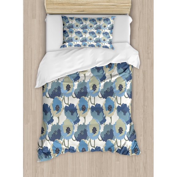 Ambesonne Floral Duvet Cover Set, Ombre Romantic Flowers, Twin, Grey Navy