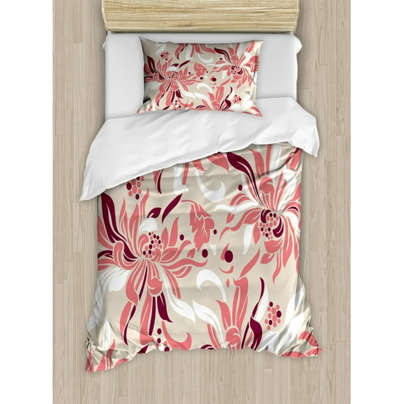 Ambesonne Floral Duvet Cover Set, Pastel Florets, Twin, Beige Coral Maroon