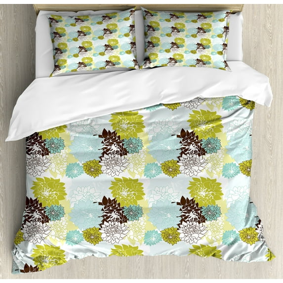 Ambesonne Floral Duvet Cover Set, Pastel Wildflower Leaves, 2-Calking, Yellow Green Pale Blue