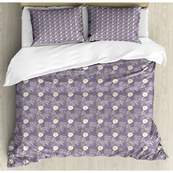 Ambesonne Floral Duvet Cover Set, Poppies and Tulips Images, Calking, Pale Purple Cream