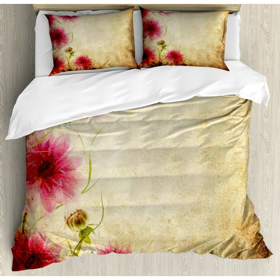 Ambesonne Floral Duvet Cover Set, Retro Flowers Grungy Old, 2-Calking, Sand Brown Pink