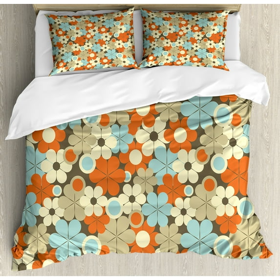 Ambesonne Floral Duvet Cover Set, Retro Simple Flowers, 2-Calking, Multicolor