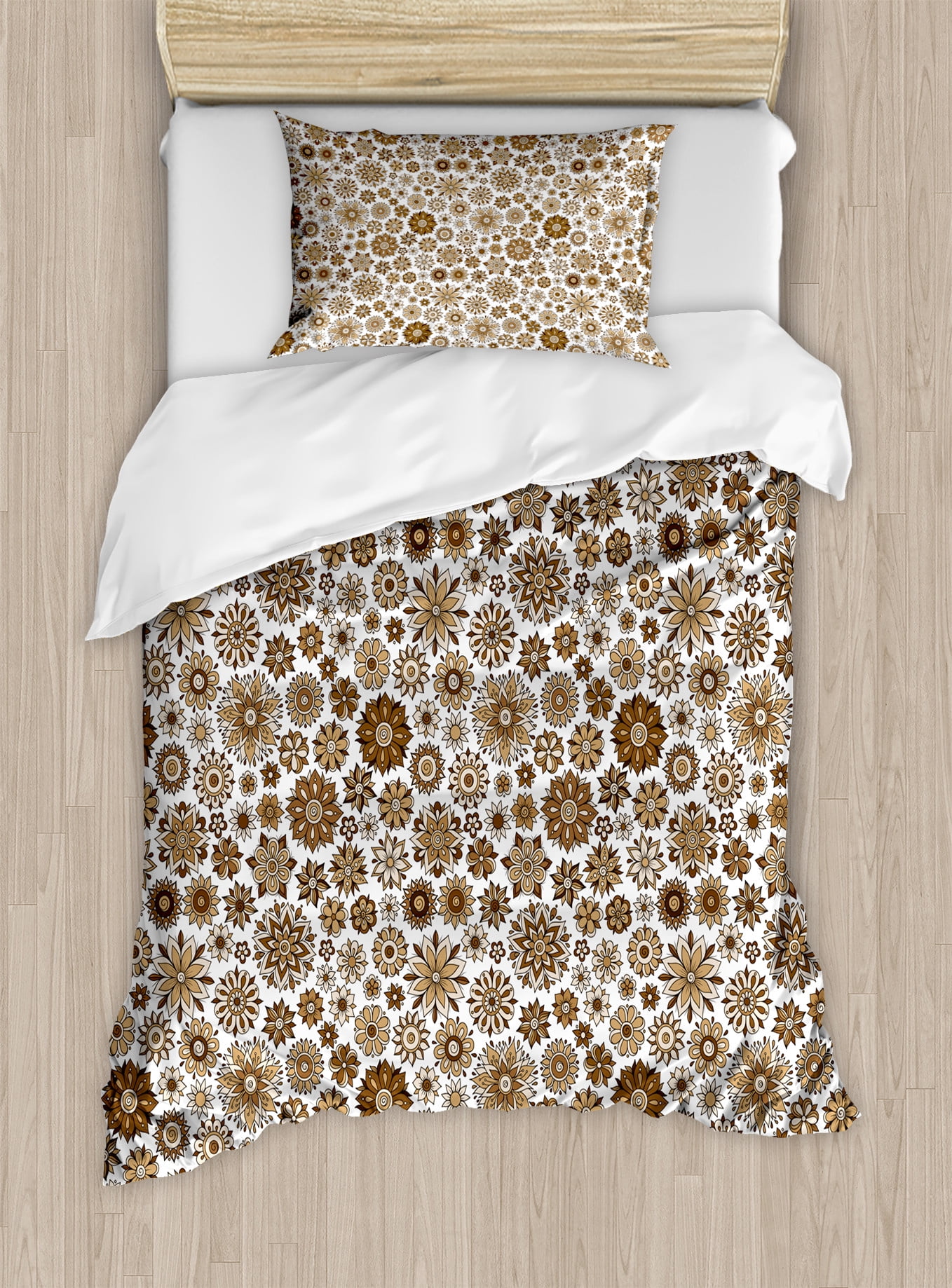 Twin Brown Tan Floral Pattern Duvet Cover Set